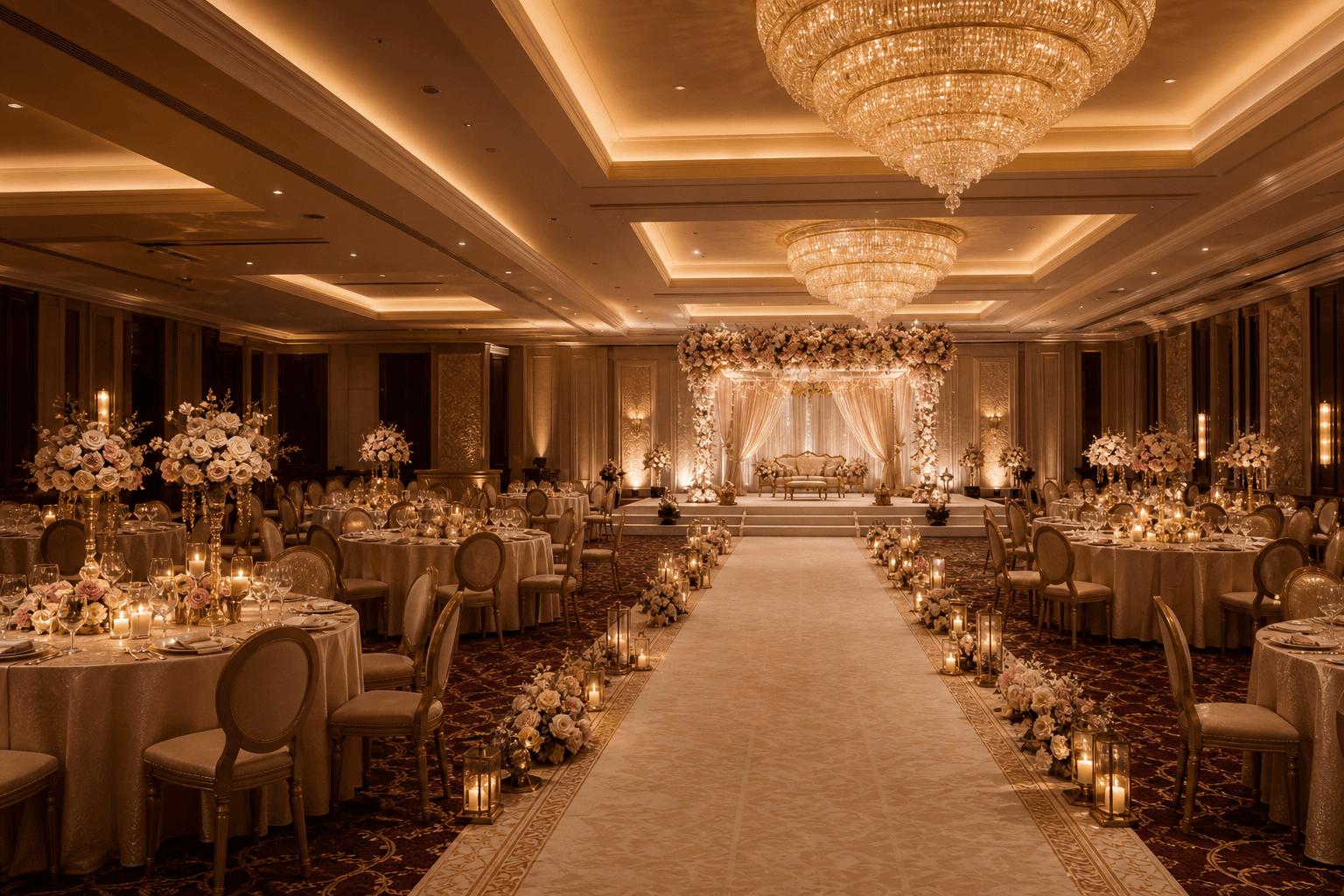A decorated indoor reception ballroom