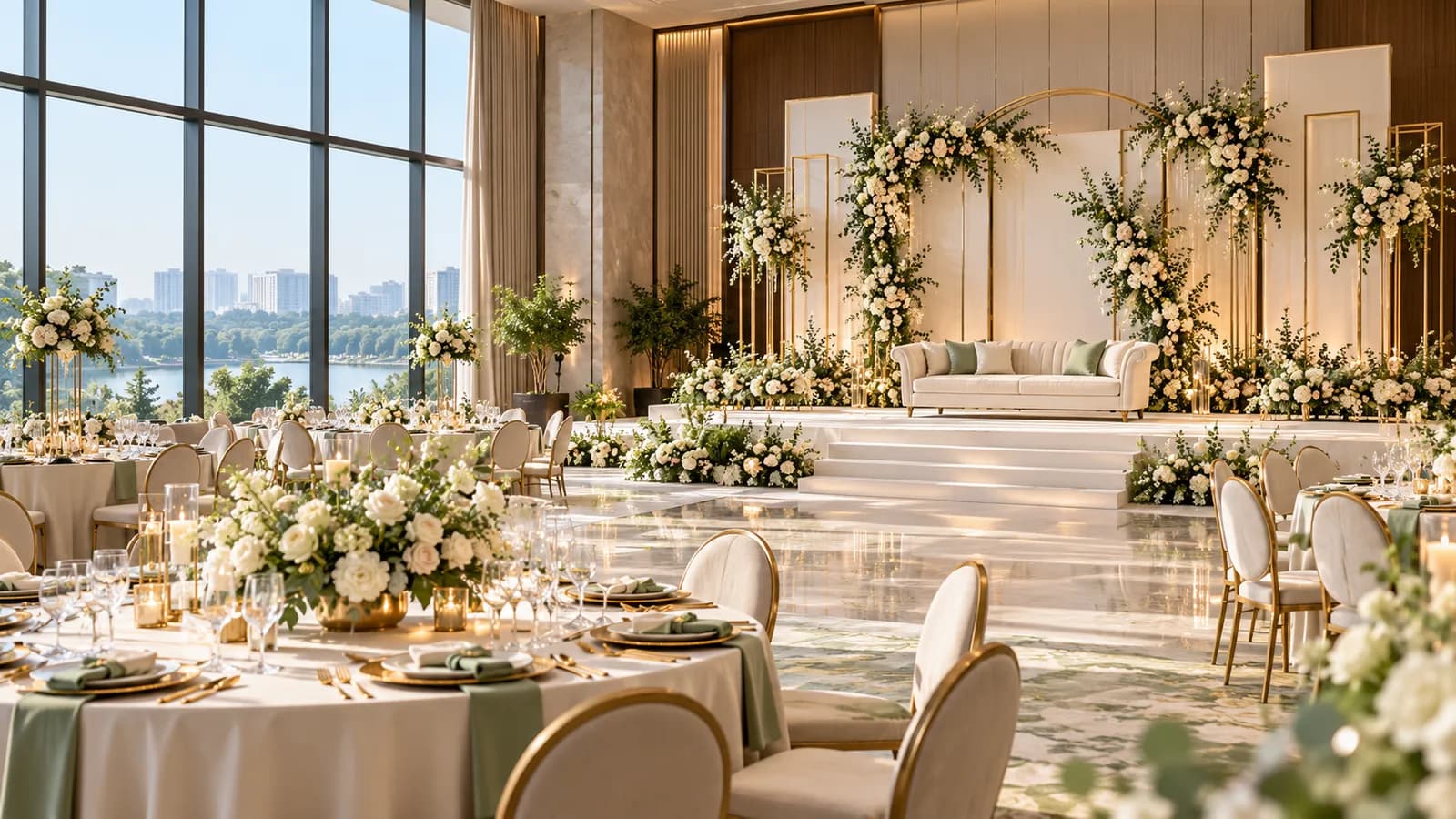 Illustrative Hyderabad-style banquet reception with floral stage and elegant dining tables