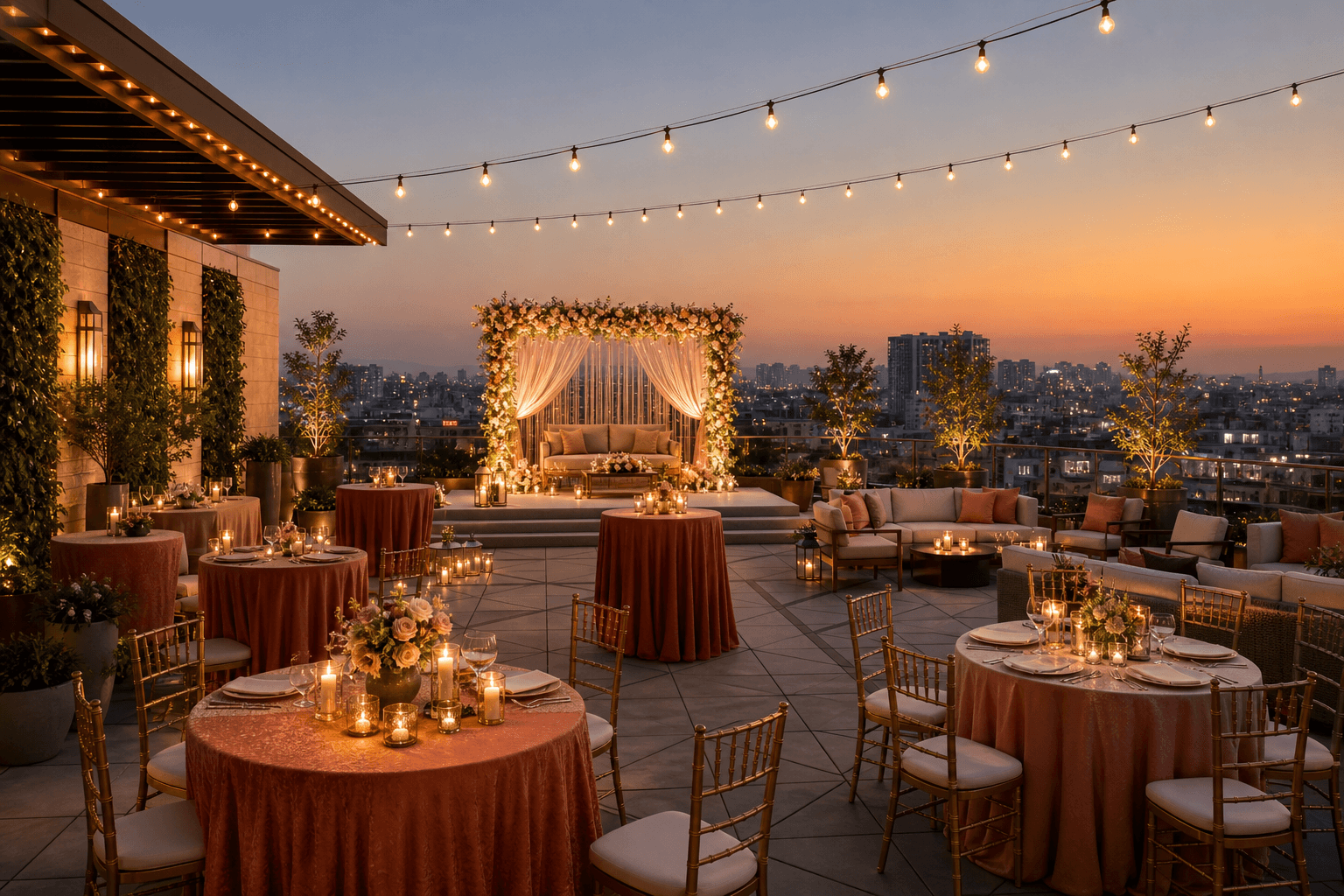 An outdoor terrace celebration setup